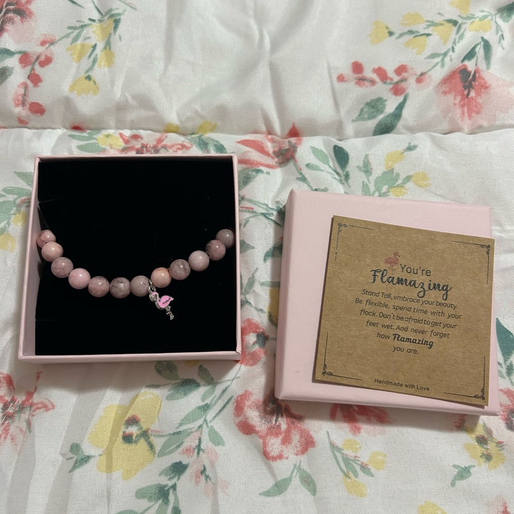 Pink Beaded Bracelet with Flamingo Charm